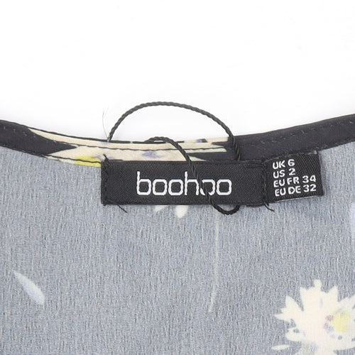 Boohoo Women’s Black Floral Wrap Tie Blouse Top Size 6 Short Sleeve