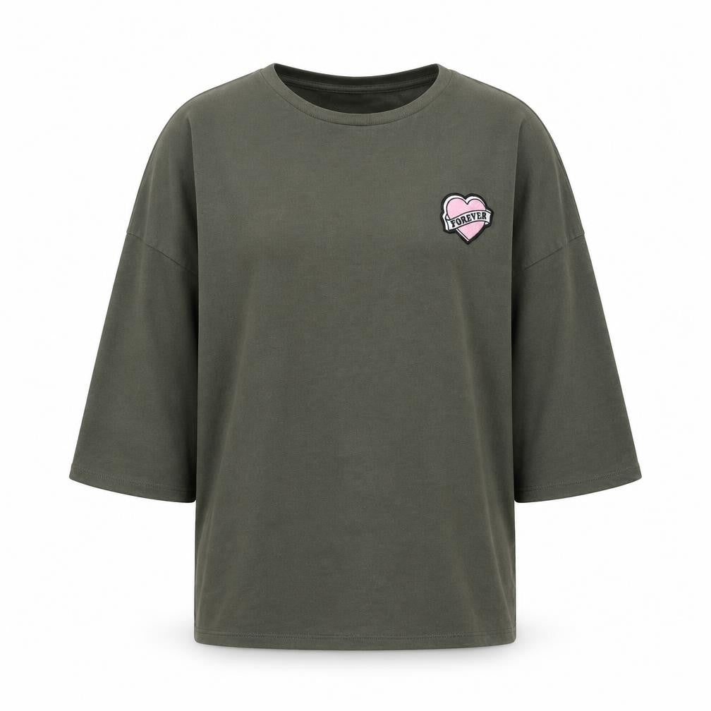 Front view of Divided Women Khaki Green Pullover Sweatshirt Small Forever Graphic