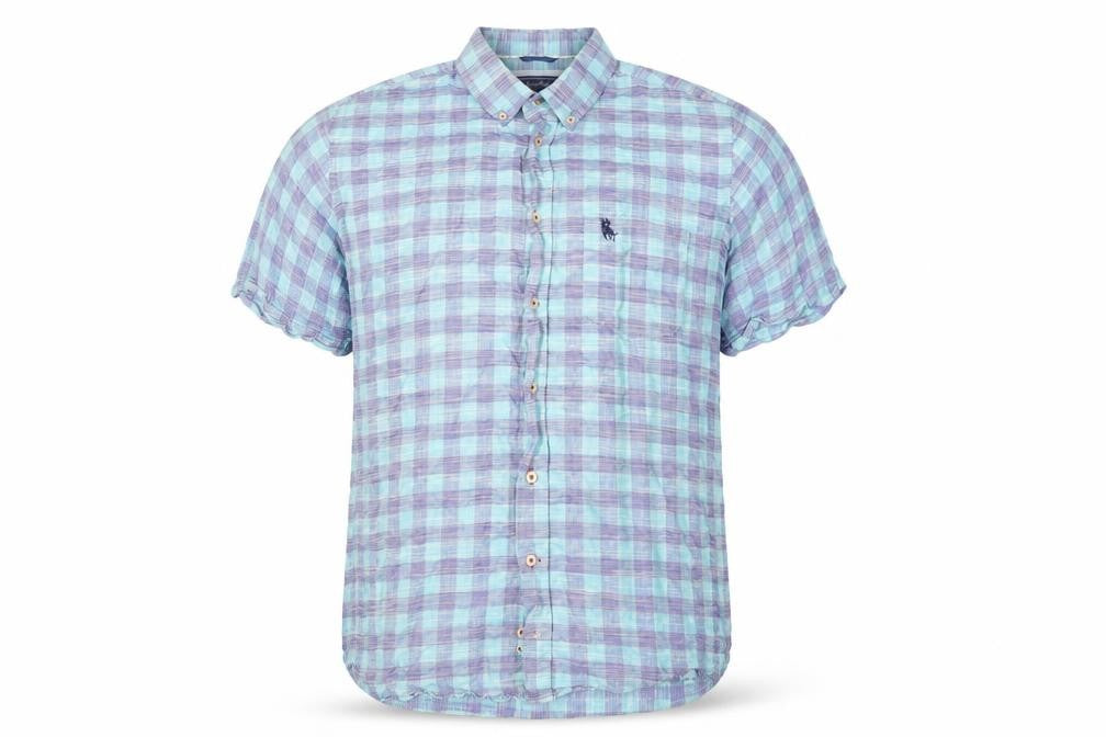 Front view of S & C Men's Blue Check Short Sleeve Button-Up Cotton Shirt, size 40