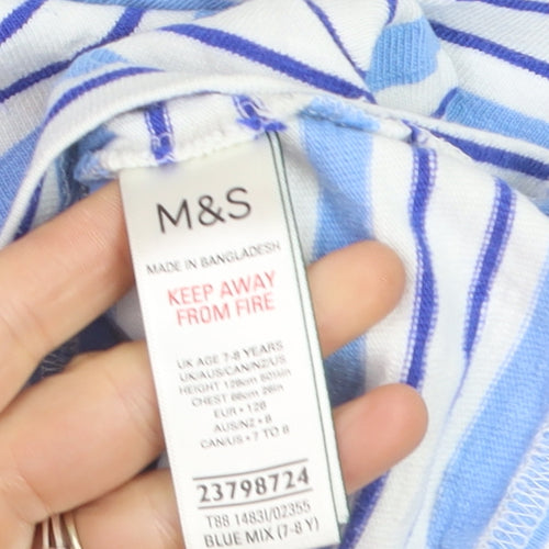 Marks and Spencer Boys Blue Striped Long Sleeve Cotton T-Shirt 7-8 Years