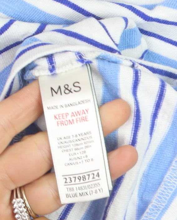 Marks and Spencer Boys Blue Striped Long Sleeve Cotton T-Shirt 7-8 Years