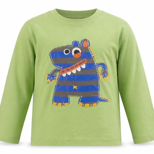 Mini Boden Boys Green Long Sleeve T-Shirt 5-6 Years Fun Monster Appliqué Cotton Top