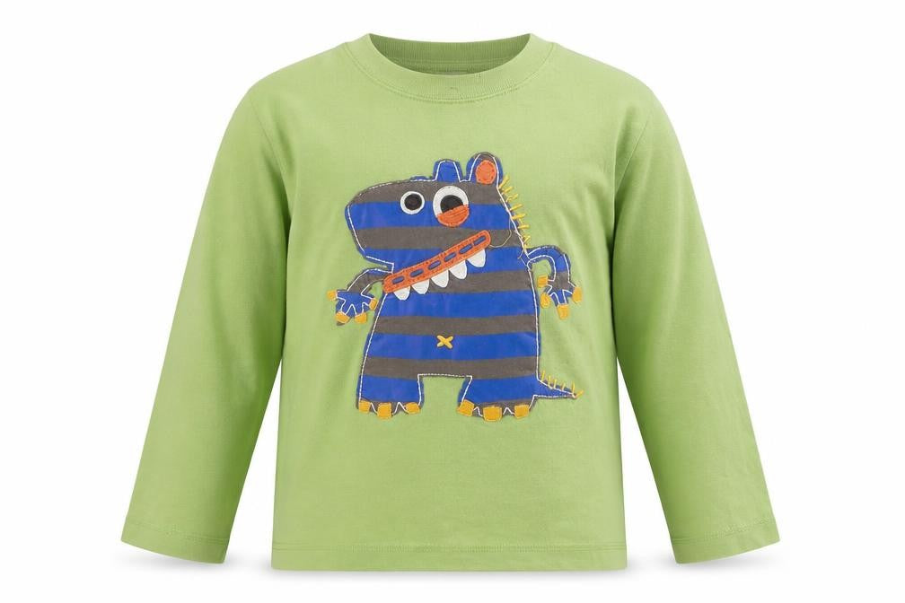 Mini Boden Boys Green Long Sleeve T-Shirt 5-6 Years Fun Monster Appliqué Cotton Top