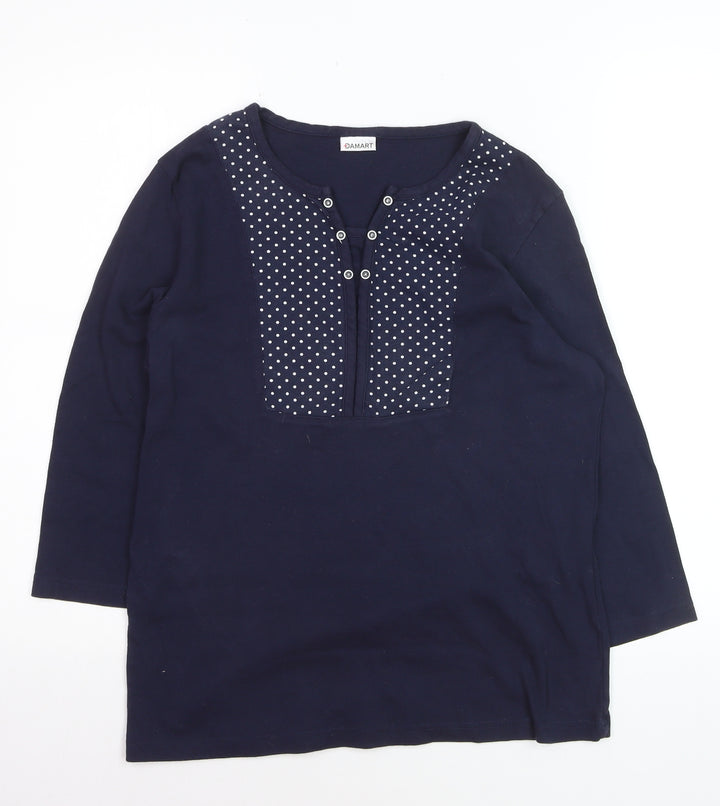 Damart Womens Blue 3/4 Sleeve Henley Polka Dot Cotton T-Shirt Size 14/16