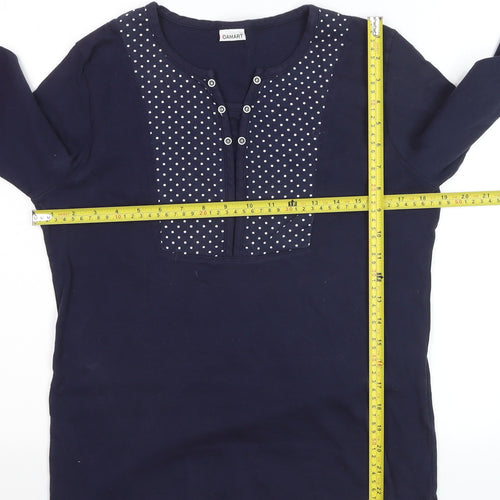 Damart Womens Blue 3/4 Sleeve Henley Polka Dot Cotton T-Shirt Size 14/16