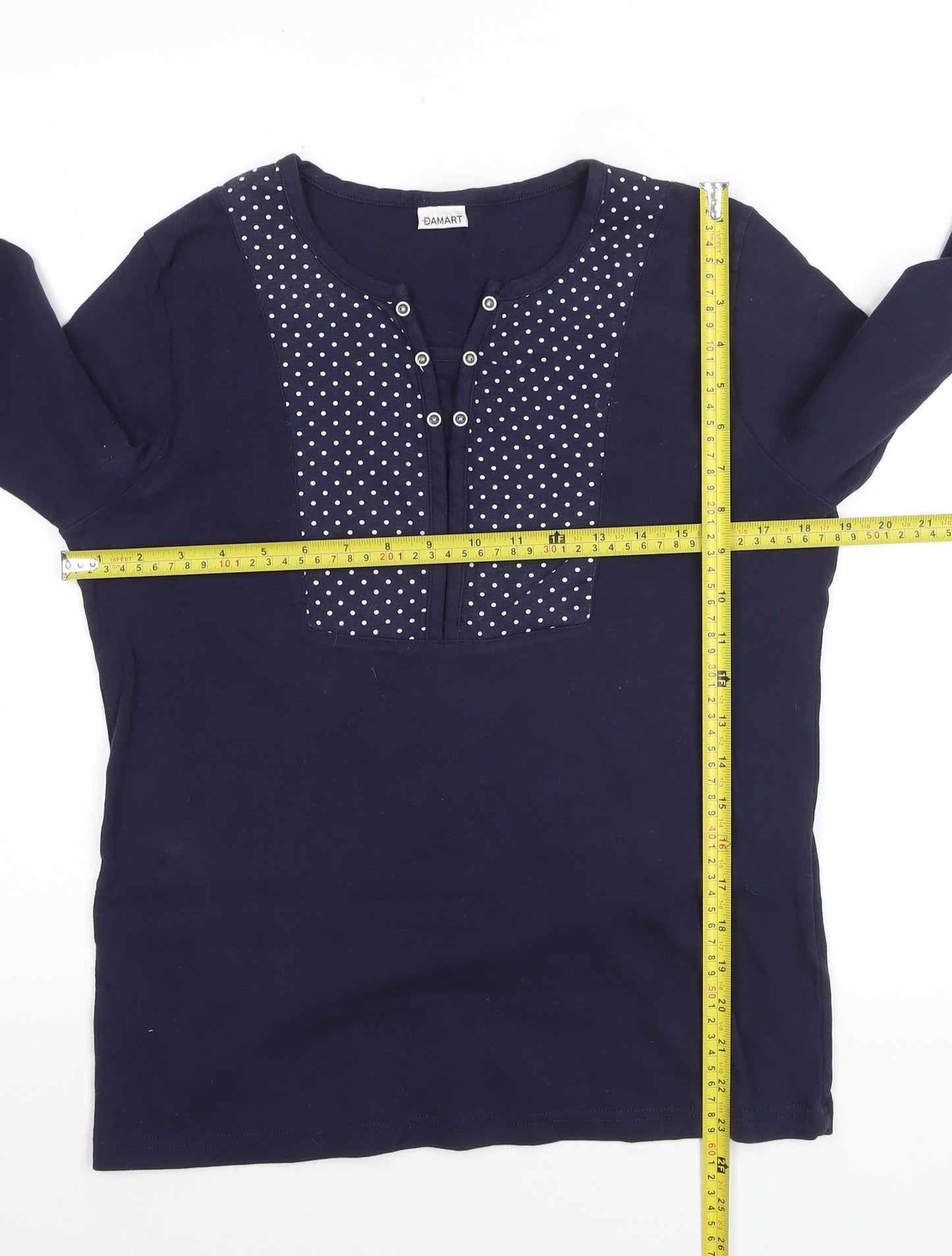 Damart Womens Blue 3/4 Sleeve Henley Polka Dot Cotton T-Shirt Size 14/16
