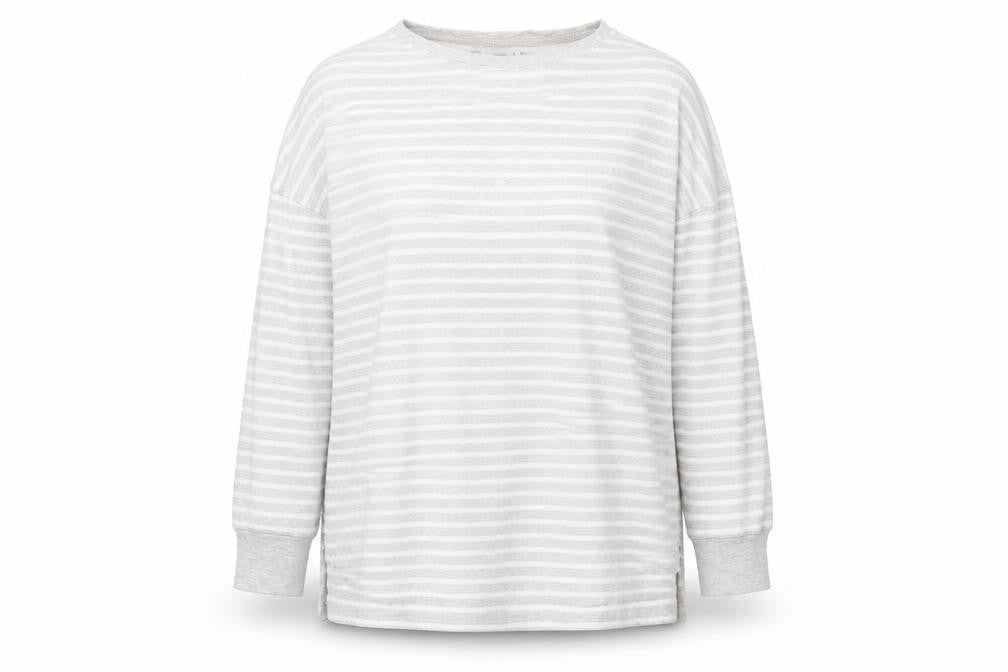 Front view of John Lewis Women Grey Striped Cotton Long Sleeve jumper, size 16