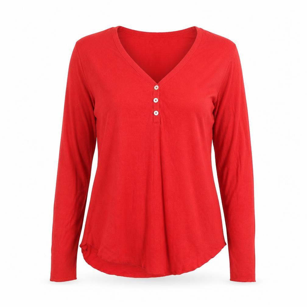 Front view of Gap Women’s Red Long Sleeve V-Neck Button Jersey Top, size L