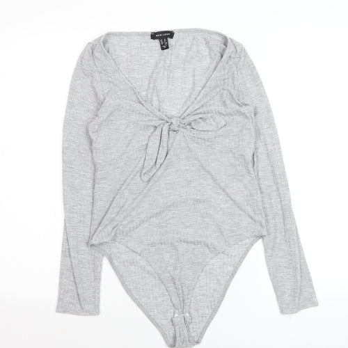 New Look Women Grey Long Sleeve Tie Front Bodysuit UK 12