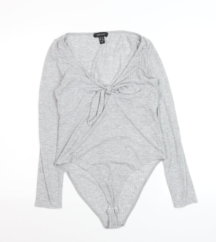 New Look Women Grey Long Sleeve Tie Front Bodysuit UK 12