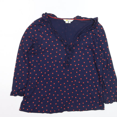 Boden Women Blue Polka Dot Ruffle V-Neck Long Sleeve Tunic Top Size 12