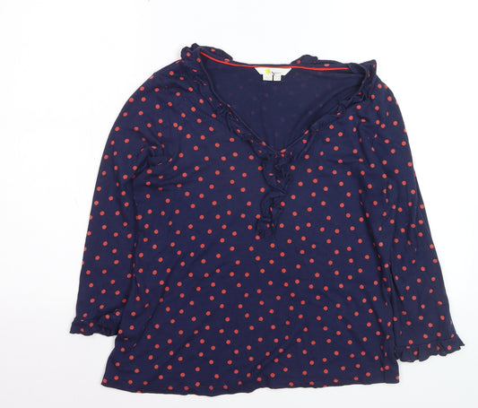 Boden Women Blue Polka Dot Ruffle V-Neck Long Sleeve Tunic Top Size 12