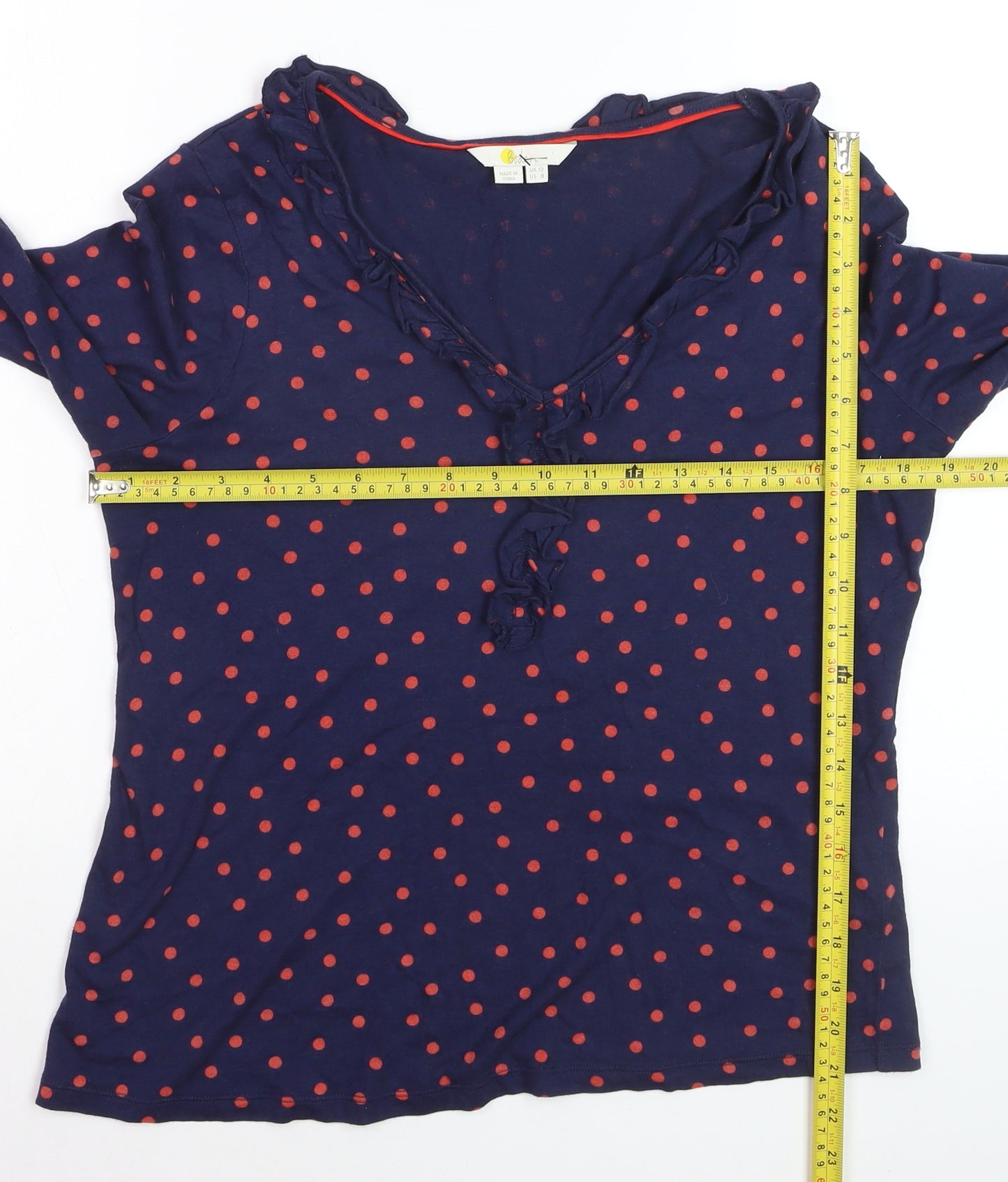 Boden Women Blue Polka Dot Ruffle V-Neck Long Sleeve Tunic Top Size 12