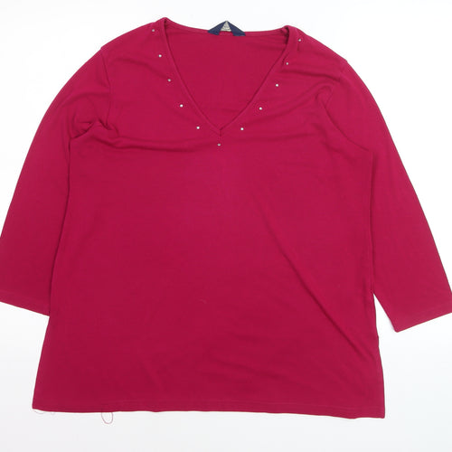 Debenhams Women's Red V-Neck Beaded 3/4 Sleeve Stretch Top Size 16