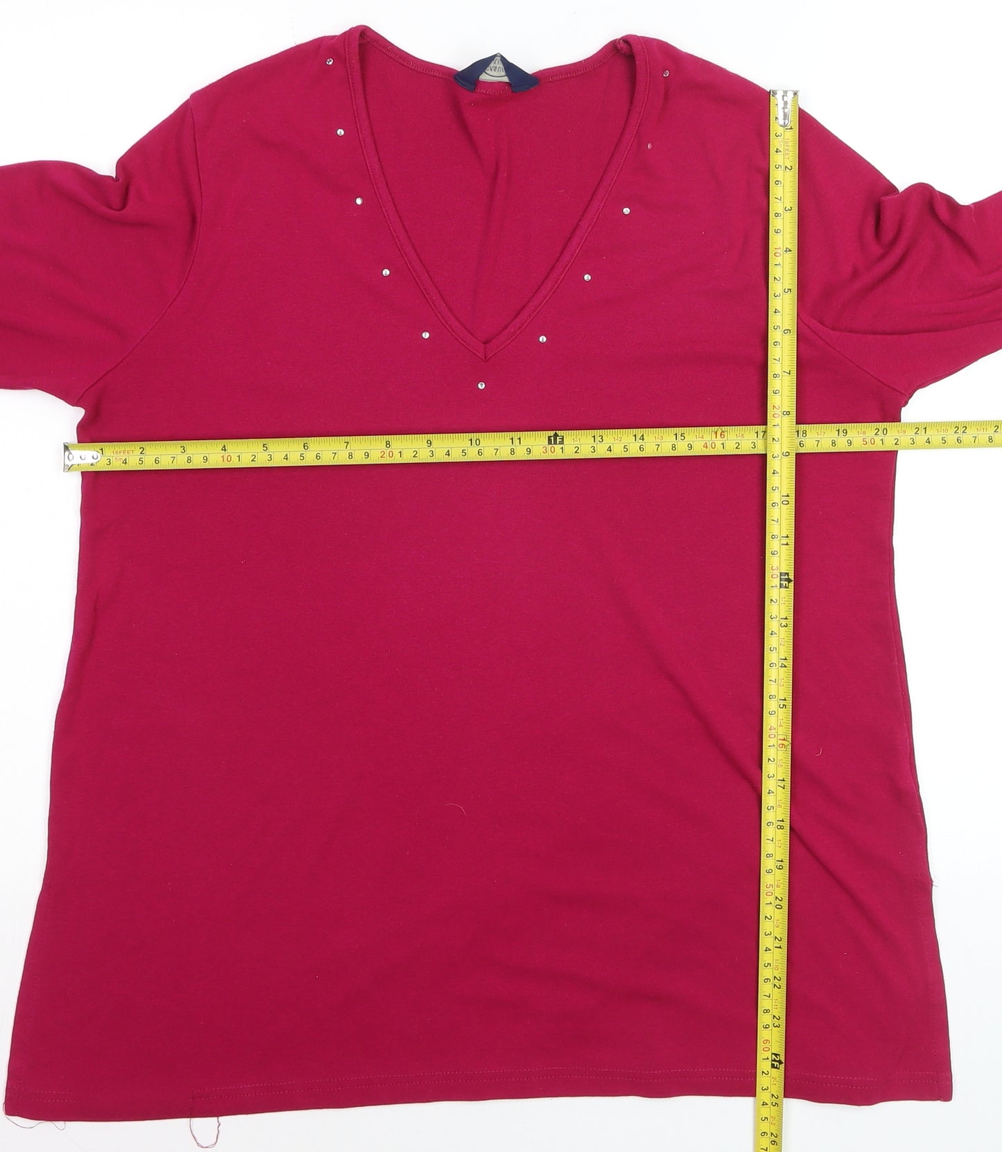 Debenhams Women's Red V-Neck Beaded 3/4 Sleeve Stretch Top Size 16