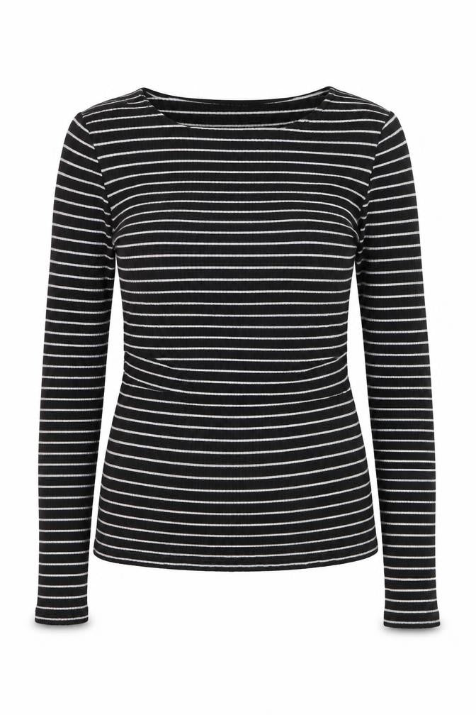 Front view of Seraphine Women's Black Striped Maternity Long Sleeve Jersey Top XS