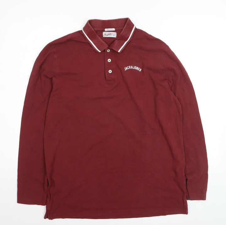 Jack & Jones Men's Maroon Long Sleeve Polo Shirt XL Cotton