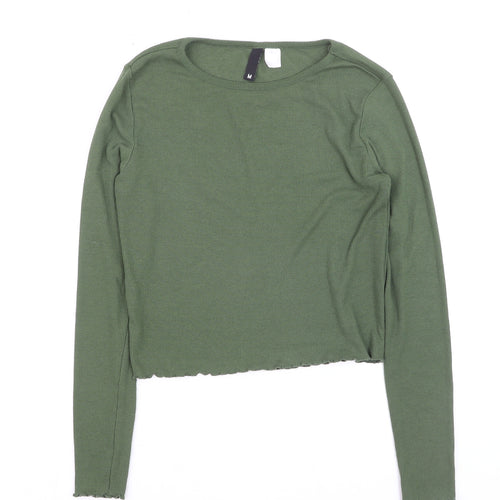 H&M Divided Women Green Cropped Ribbed Long Sleeve T-Shirt M