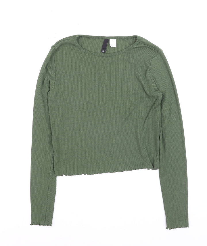 H&M Divided Women Green Cropped Ribbed Long Sleeve T-Shirt M