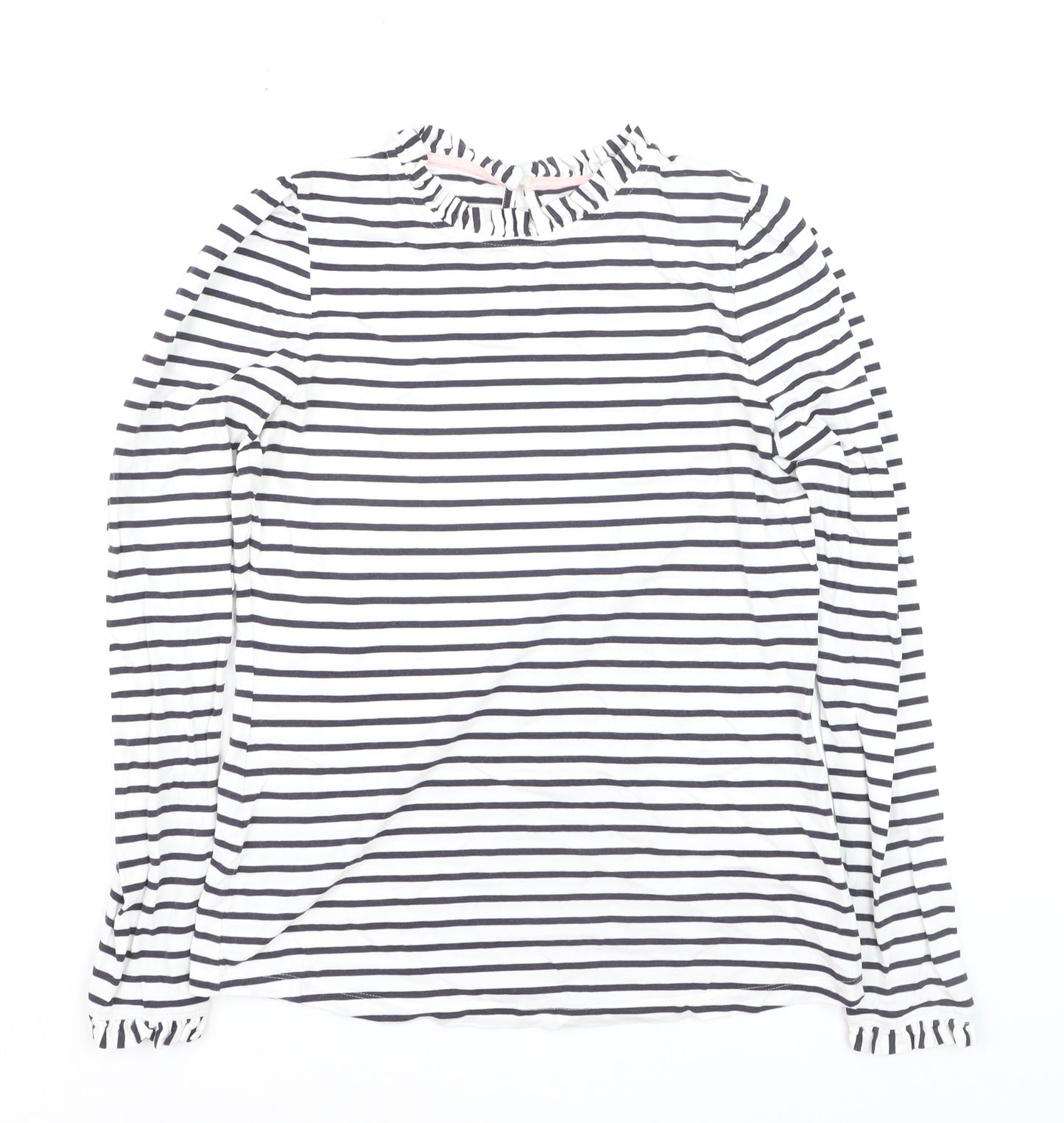 Boden Women’s White Striped Long Sleeve Cotton Ruffle Neck T-Shirt UK 8