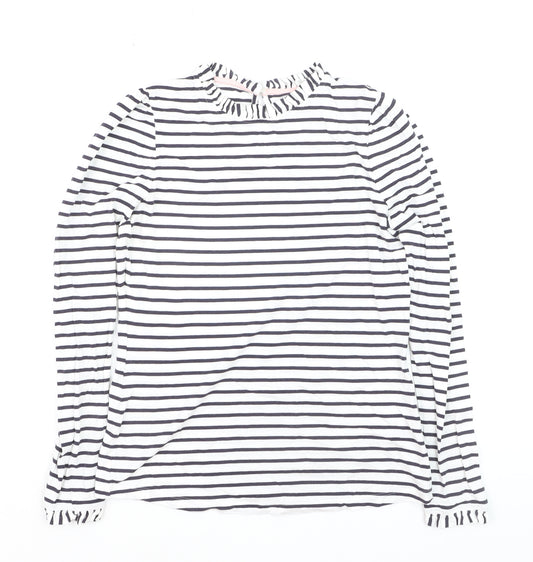 Boden Women’s White Striped Long Sleeve Cotton Ruffle Neck T-Shirt UK 8