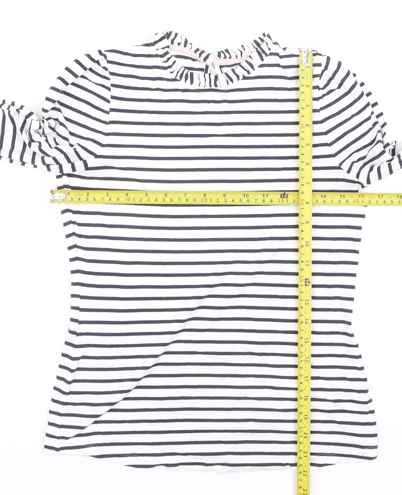 Boden Women’s White Striped Long Sleeve Cotton Ruffle Neck T-Shirt UK 8