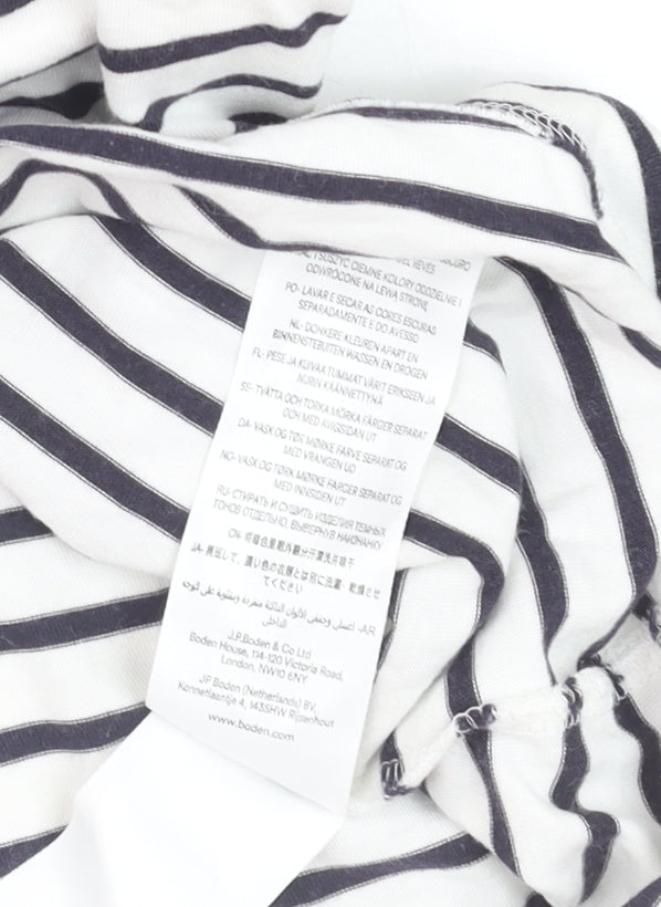 Boden Women’s White Striped Long Sleeve Cotton Ruffle Neck T-Shirt UK 8