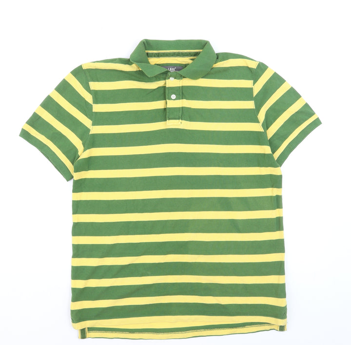 H&M LOGG Men's Green Yellow Striped Cotton Polo Shirt L