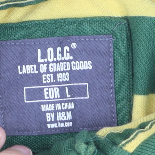 H&M LOGG Men's Green Yellow Striped Cotton Polo Shirt L