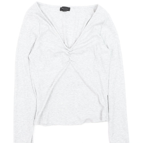 New Look Women’s Grey V-Neck Cropped Long Sleeve Top Size 10