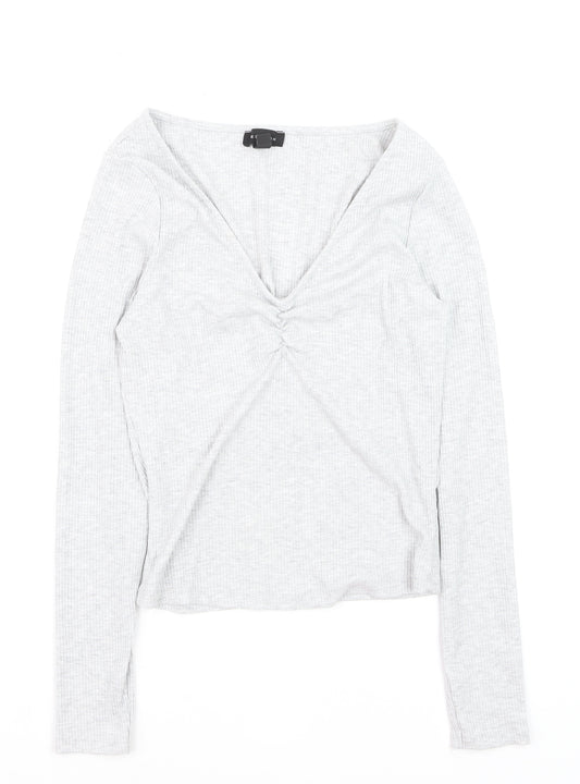 New Look Women’s Grey V-Neck Cropped Long Sleeve Top Size 10