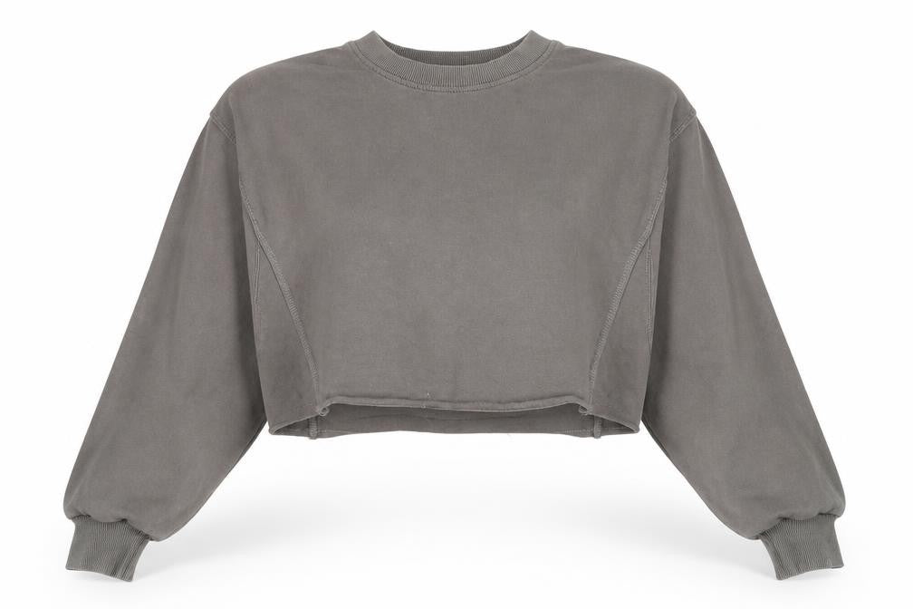 Front view of Bershka Women Grey Cropped Pullover Sweatshirt, size S