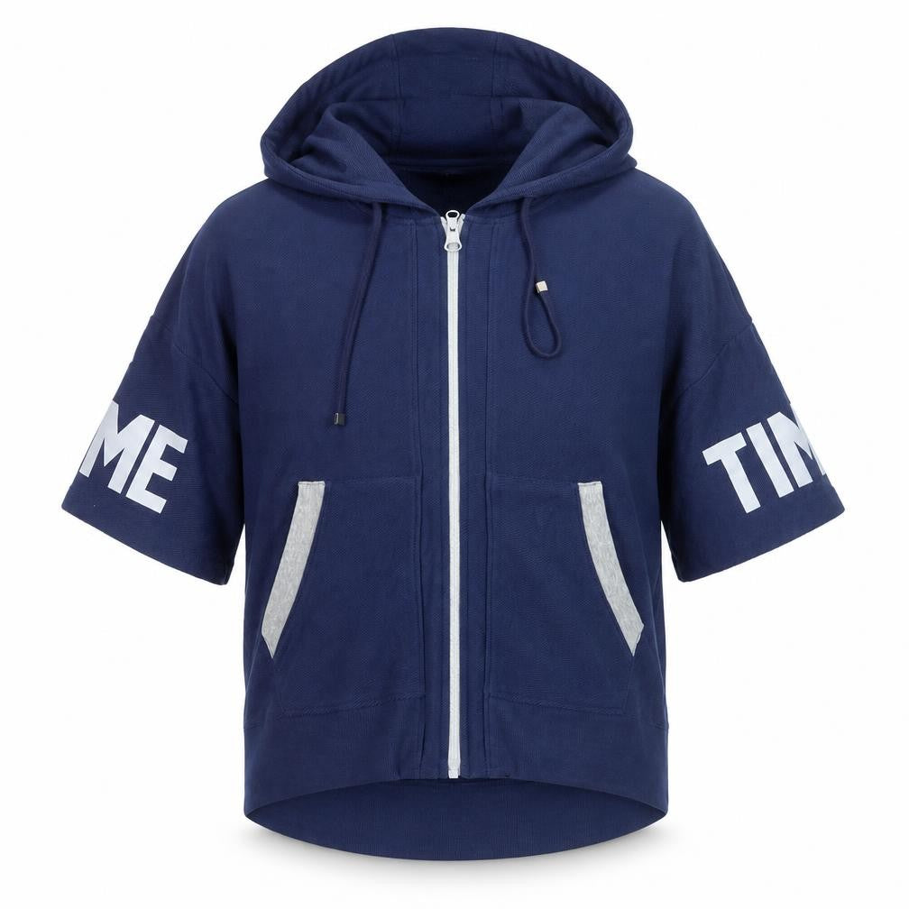 Front view of StudioFit women’s navy blue short sleeve full zip hoodie, size L