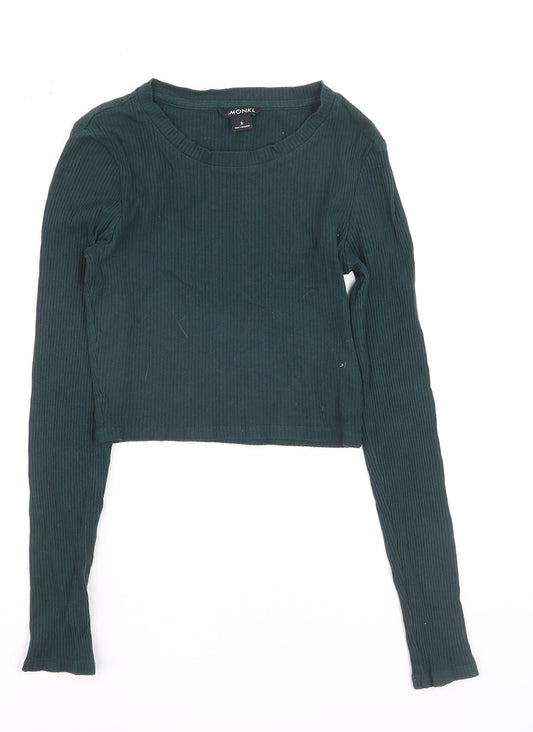 Monki Women's Green Cropped Long Sleeve Ribbed T-Shirt Size S