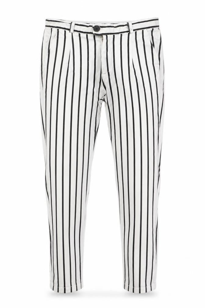 Front view of Vera & Lucy Women's White Striped Slim Trousers, size S