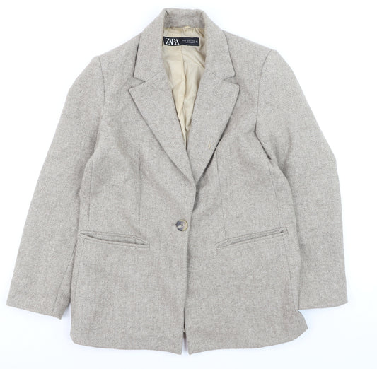 Zara Women Beige Wool Blend Single-Breasted Blazer XS