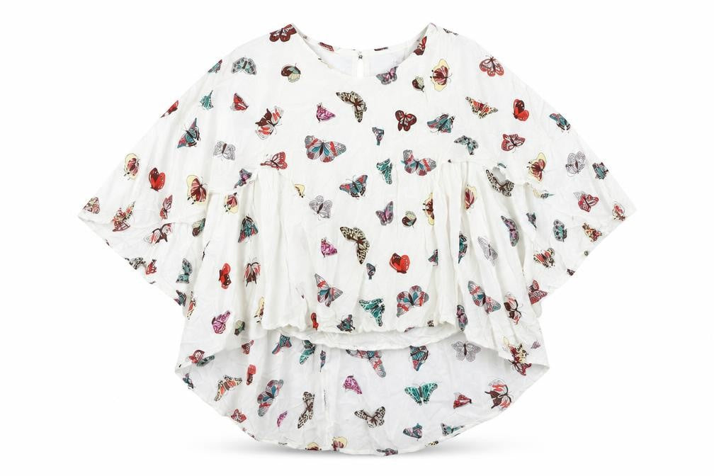 Front view of L.B.C. women’s white butterfly print chiffon tunic blouse m
