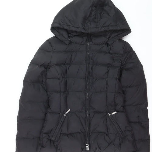Benetton Women's Black Down Puffer Jacket Size 16 Hooded Mid-Length
