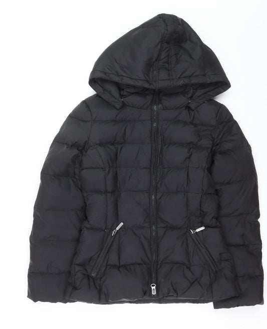 Benetton Women's Black Down Puffer Jacket Size 16 Hooded Mid-Length