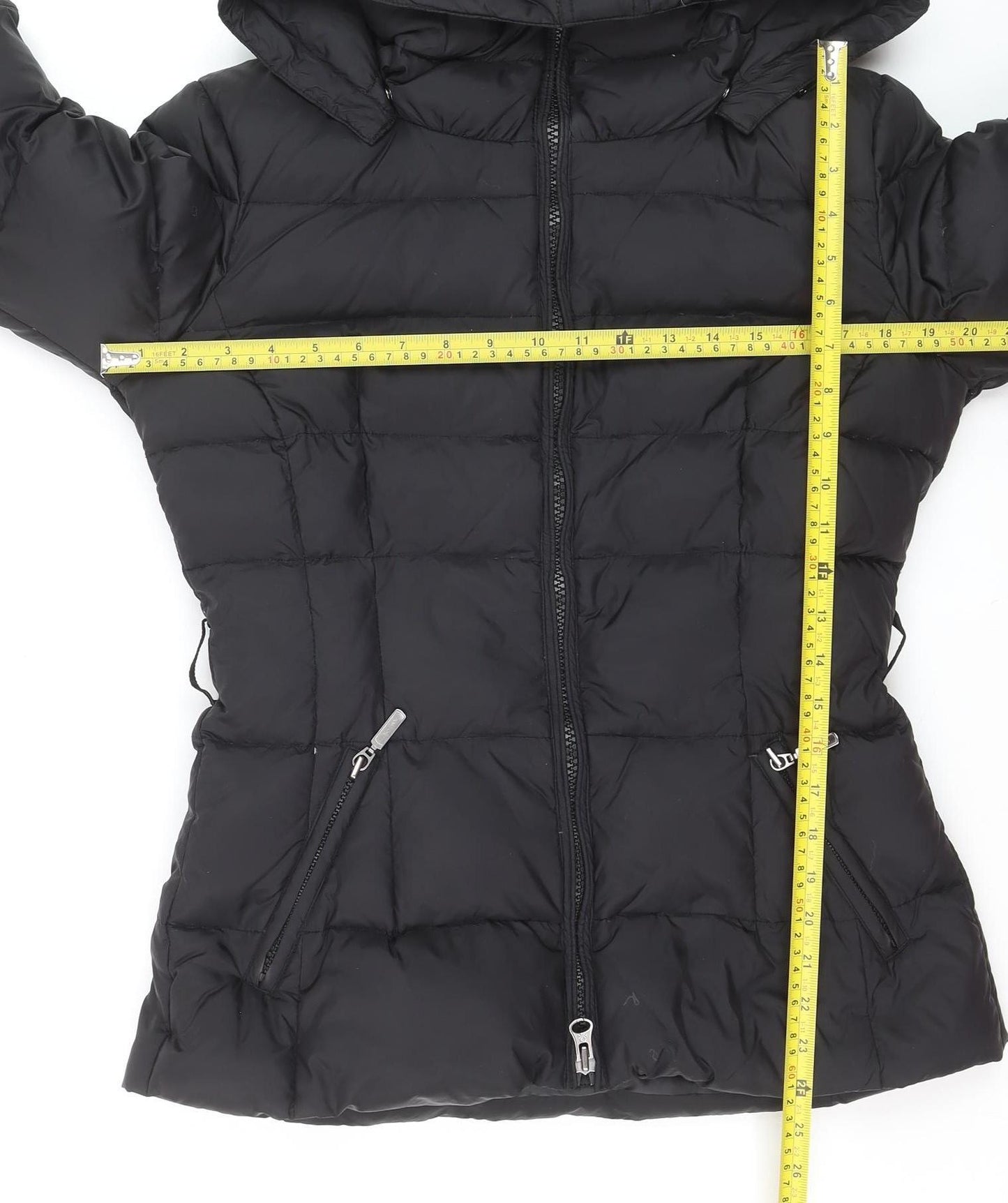 Benetton Women's Black Down Puffer Jacket Size 16 Hooded Mid-Length