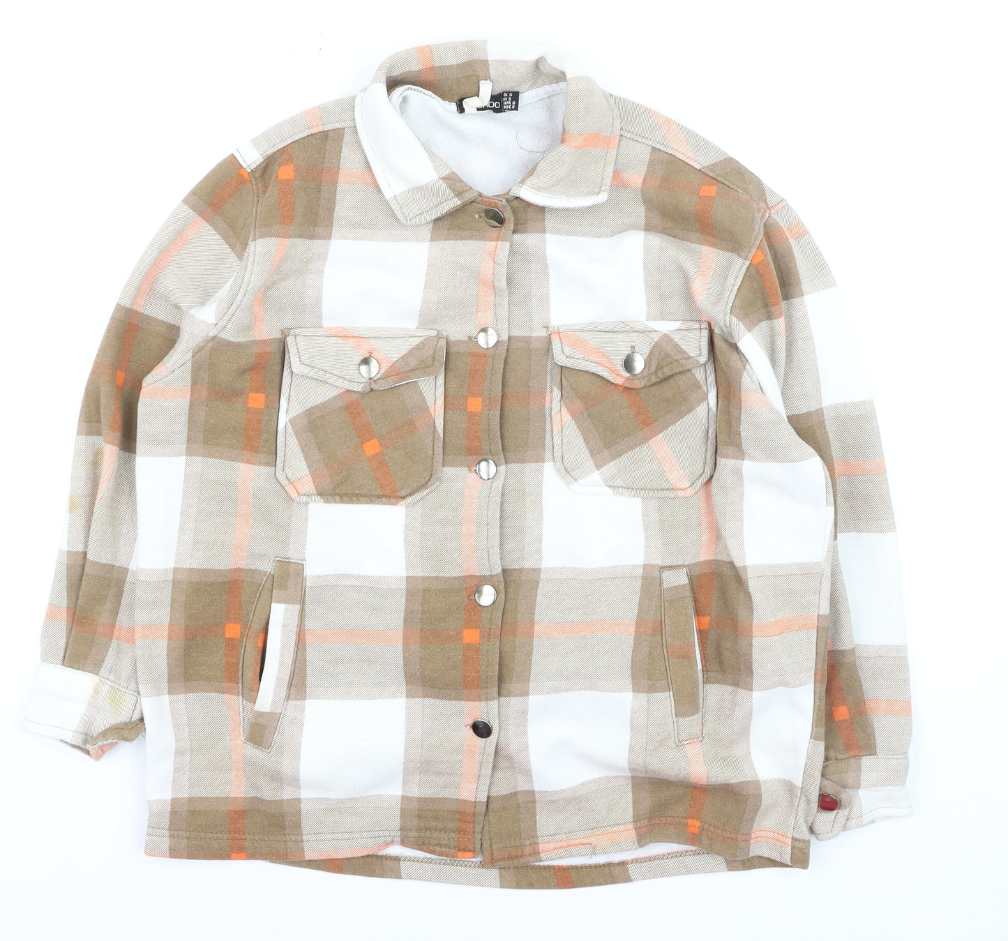 Boohoo Women's Beige Plaid Flannel Button-Up Shirt Size S
