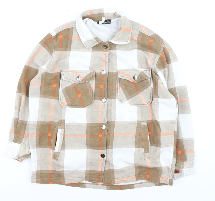 Boohoo Women's Beige Plaid Flannel Button-Up Shirt Size S