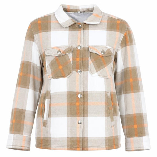 Front view of Boohoo Women's Beige Plaid Flannel Button-Up Shirt, size S