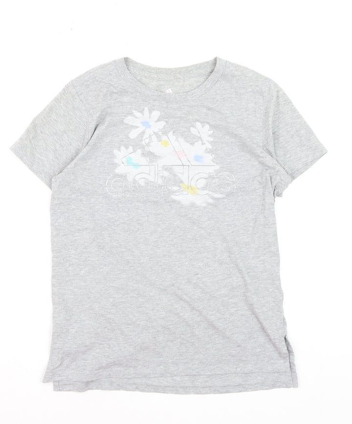 Adidas Girls Grey Graphic Logo T-Shirt Age 18 Years Regular Fit Cotton Blend