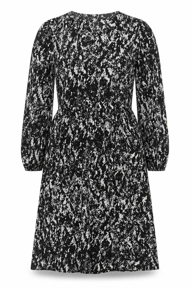 JDY Women's Black Animal Print A-Line Long Sleeve Dress XS