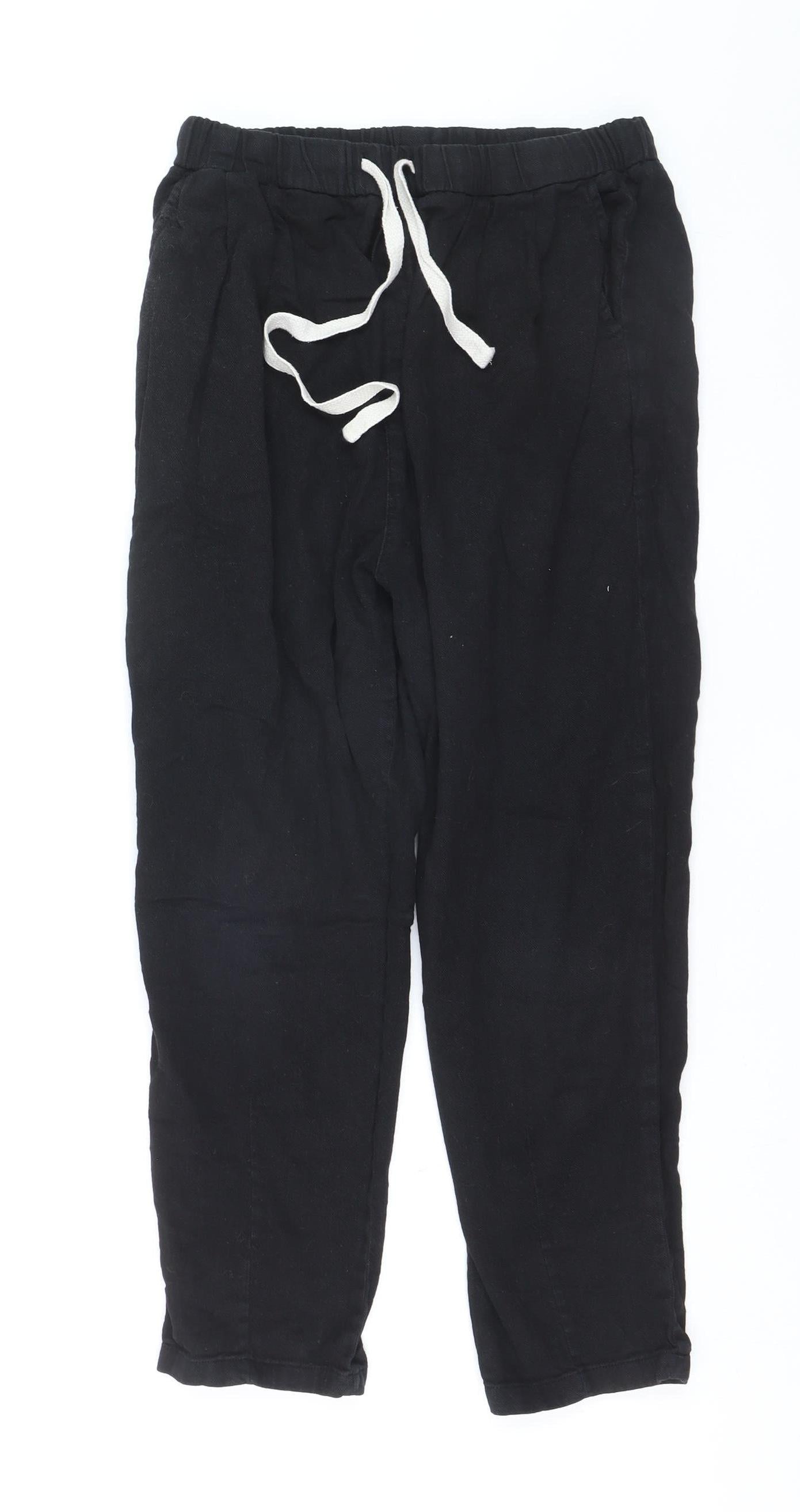 Zara Womens Black Linen Jogger Trousers XS Elastic Waist