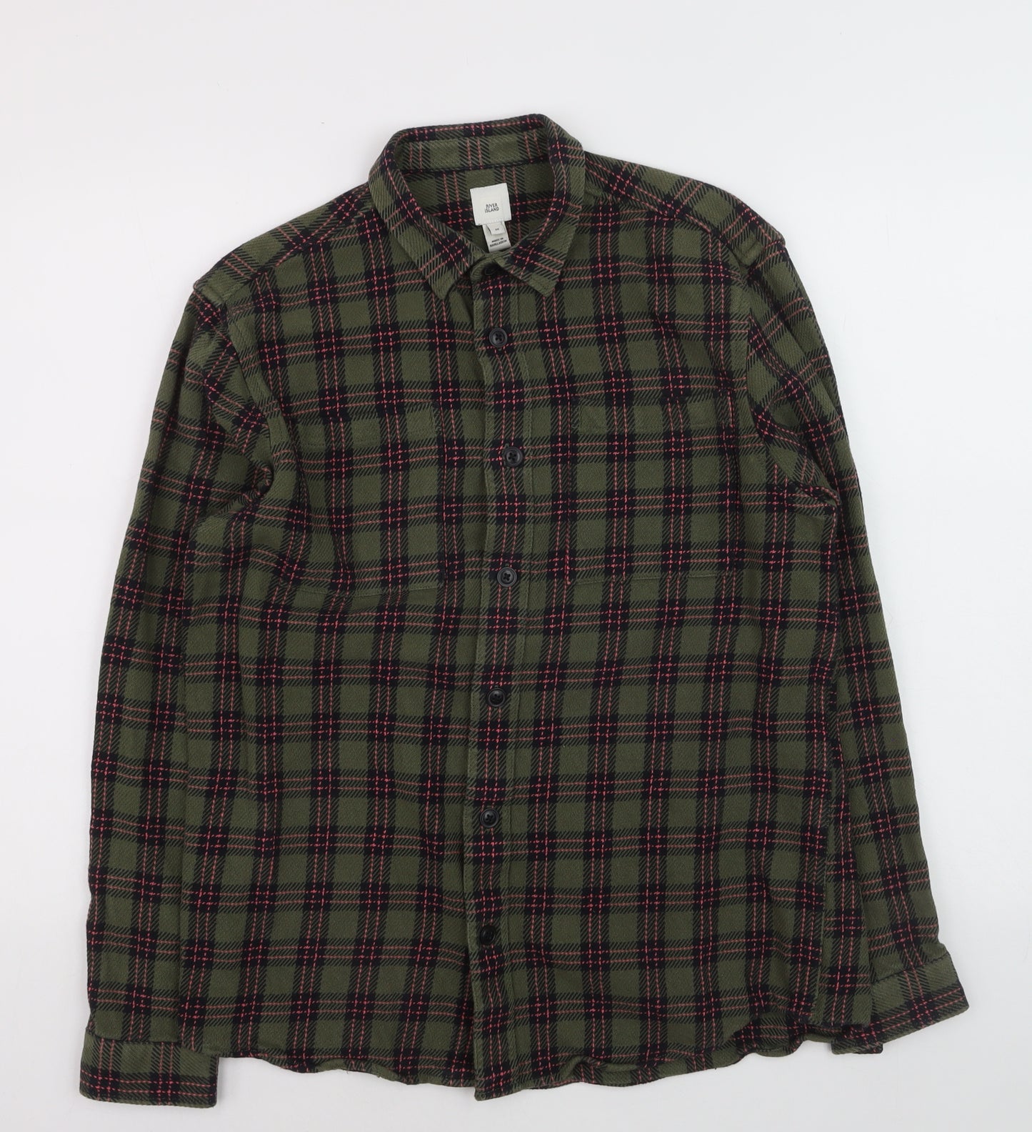 River Island Mens Green Checked Flannel Button-Up Shirt M