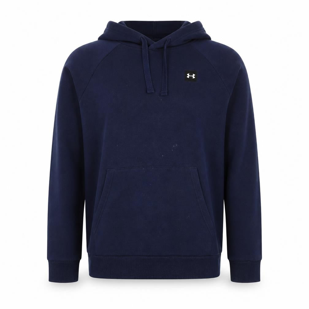 Front view of Under Armour Men's Blue Pullover Hoodie, size M, Sports Fleece