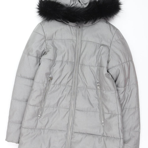 Marks and Spencer Women's Grey Faux Fur Trim Hooded Long Puffer Coat Size 10