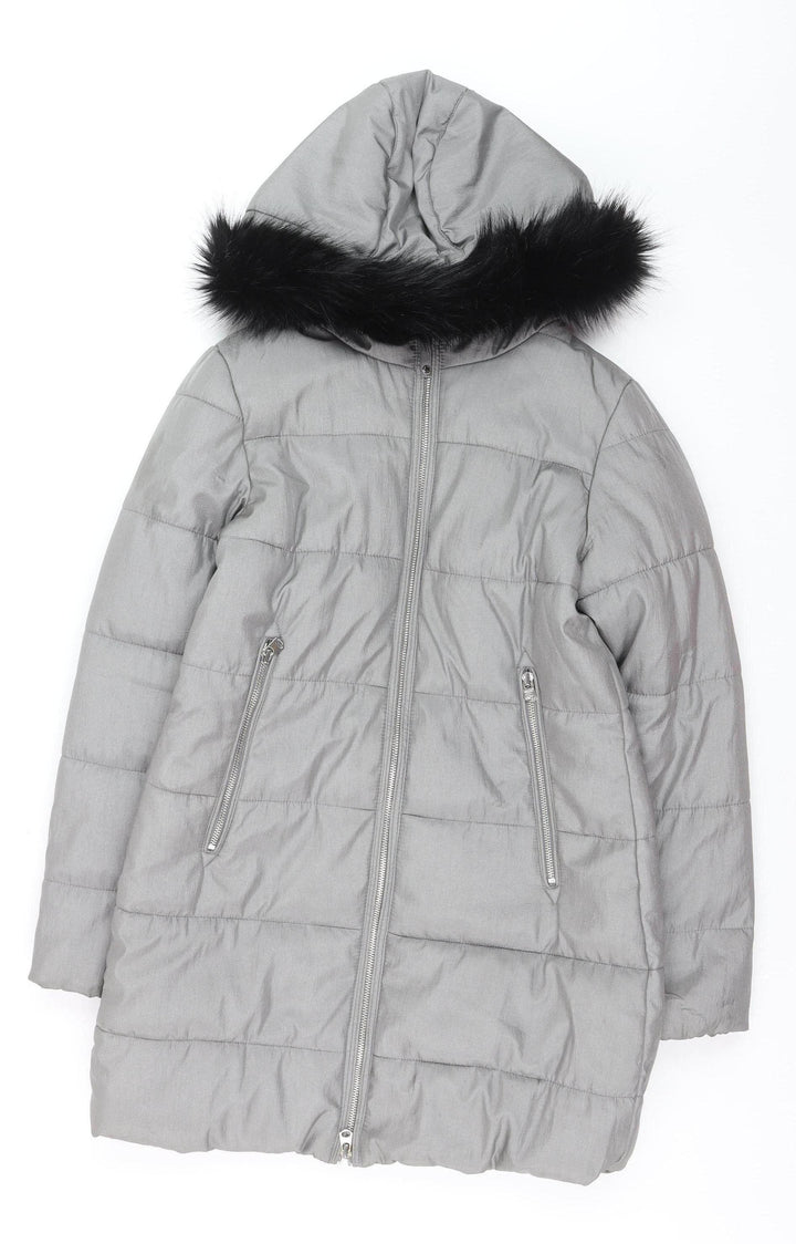 Marks and Spencer Women's Grey Faux Fur Trim Hooded Long Puffer Coat Size 10